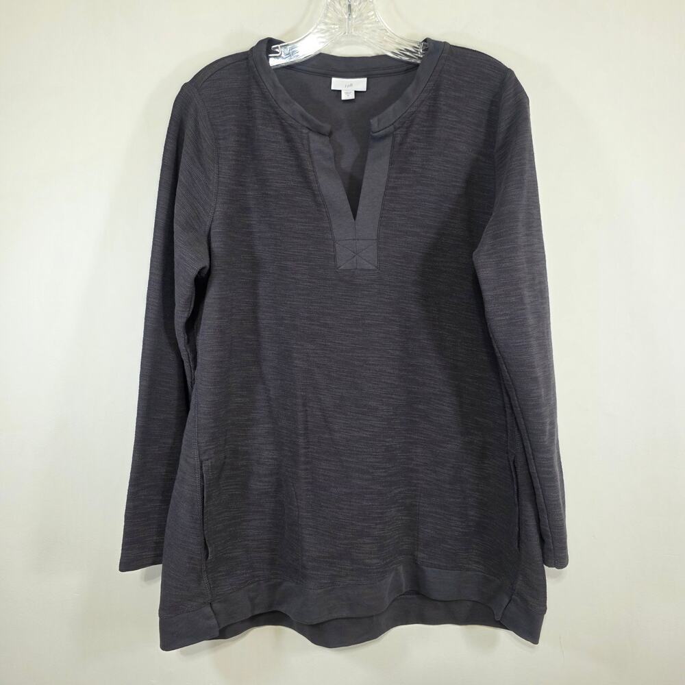 J.Jill Womens Gray Slub Knit V Neck Top Long Sleeve Split Travel Wear Size Med